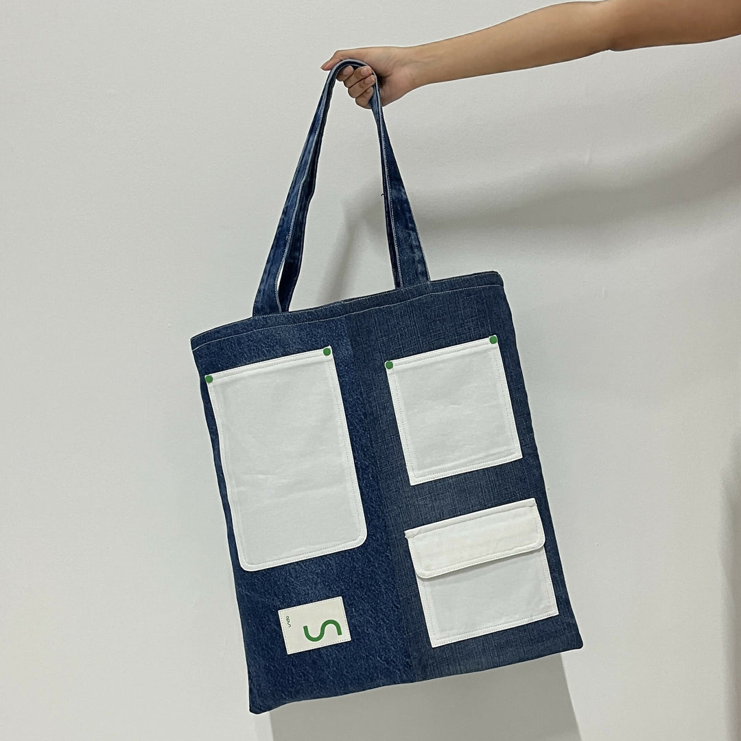 Multi-Pocket Reversible Denim Tote Bag