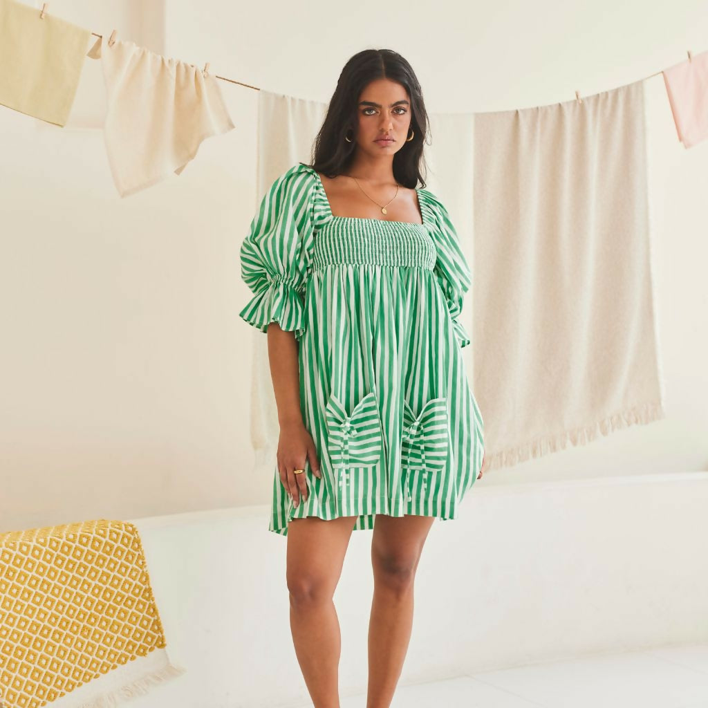 Green Striped A-line Dress