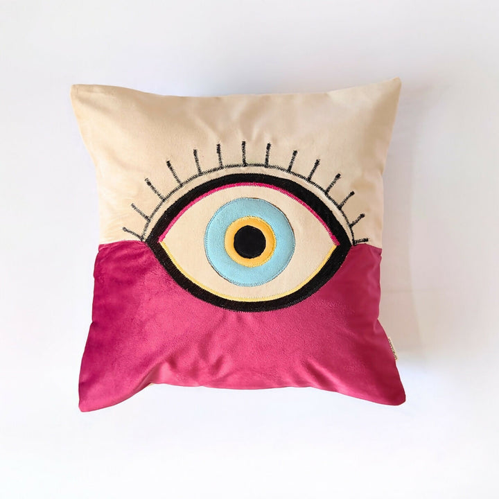 Pink & Beige Evil Eye Cushion Cover