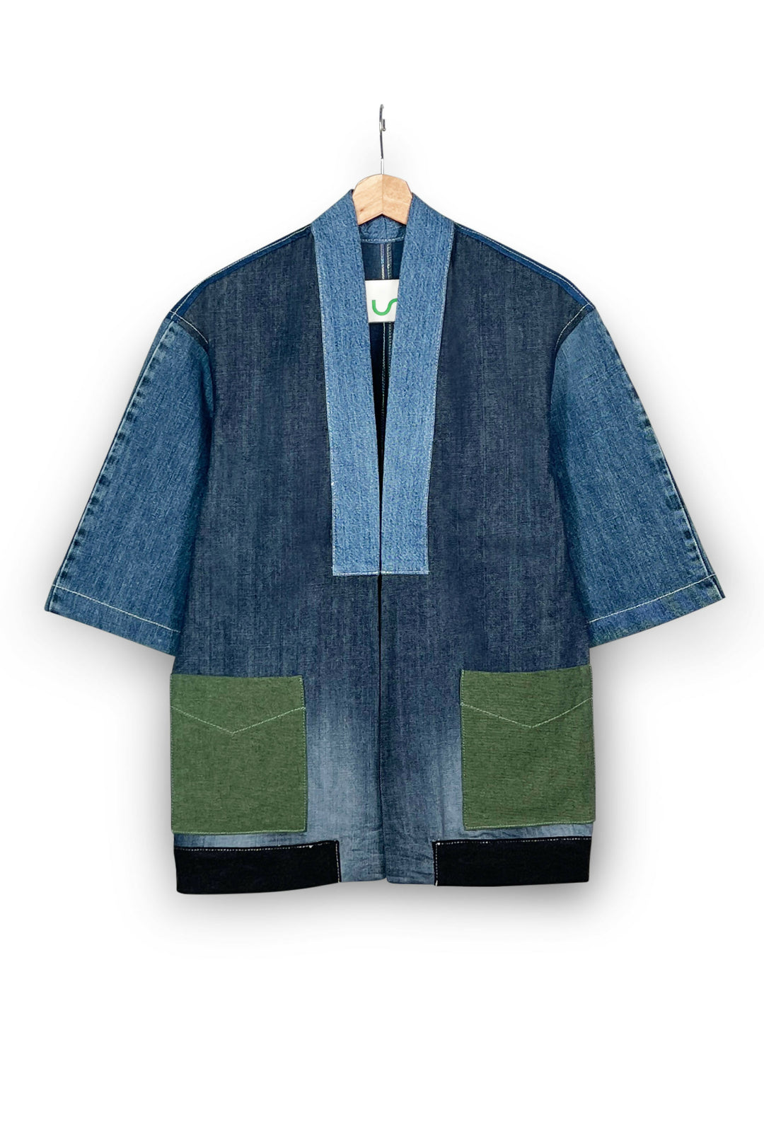 Patched White Denim Kimono Jacket