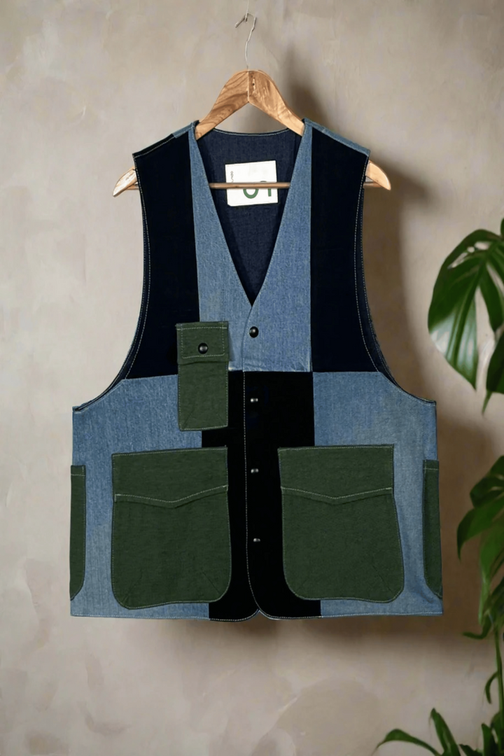 Edgy Upcycled Denim Gillet Jacket