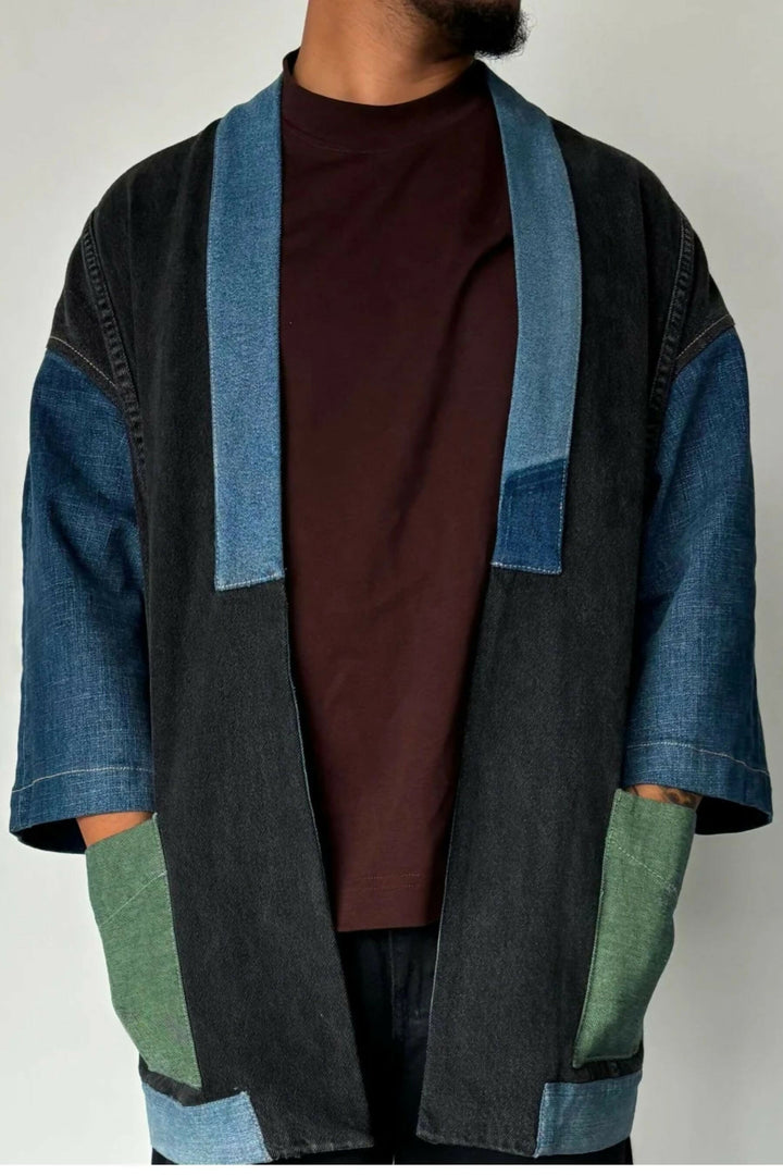 Textured Upcycled Denim Kimono Jacket