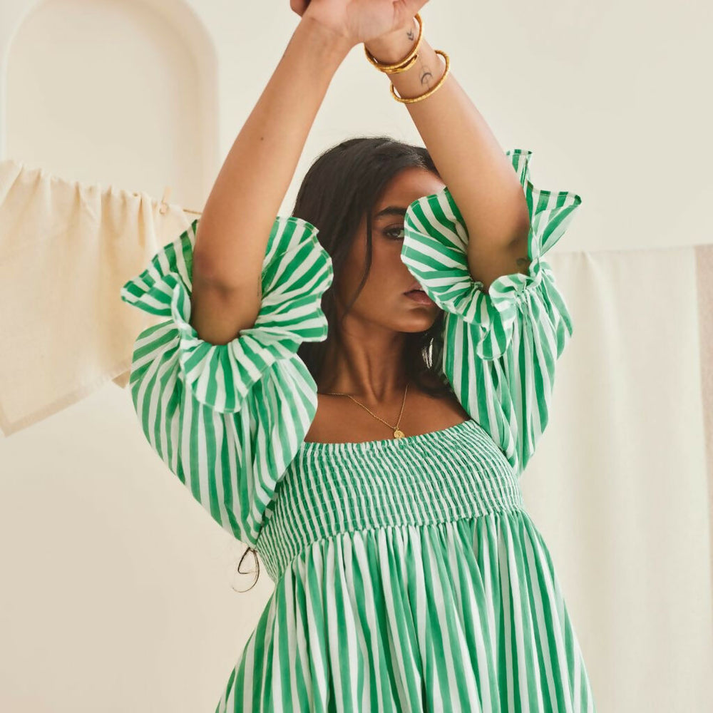 Green Striped A-line Dress