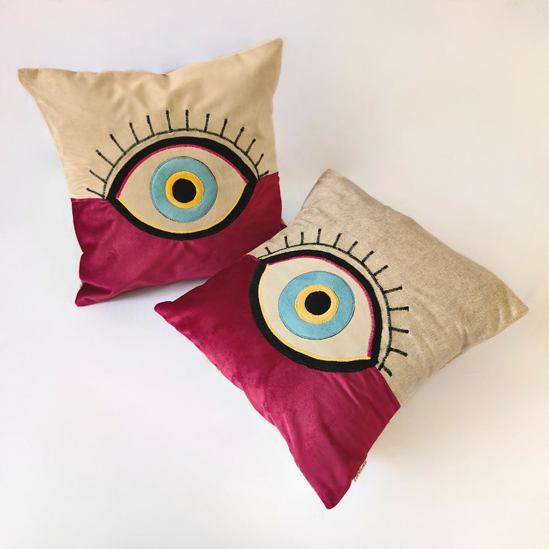 Pink & Beige Evil Eye Cushion Cover