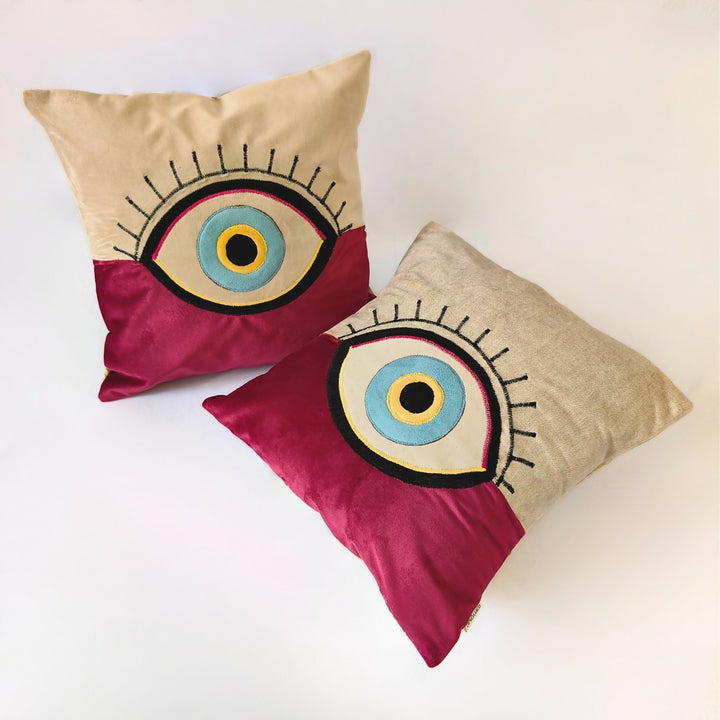 Pink & Beige Evil Eye Cushion Cover