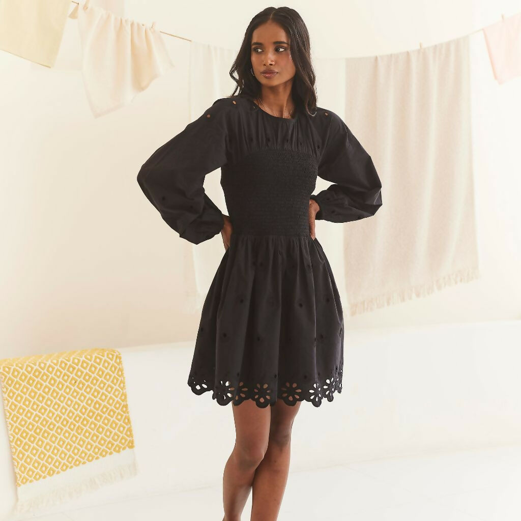 Black Schiffli Short Dress