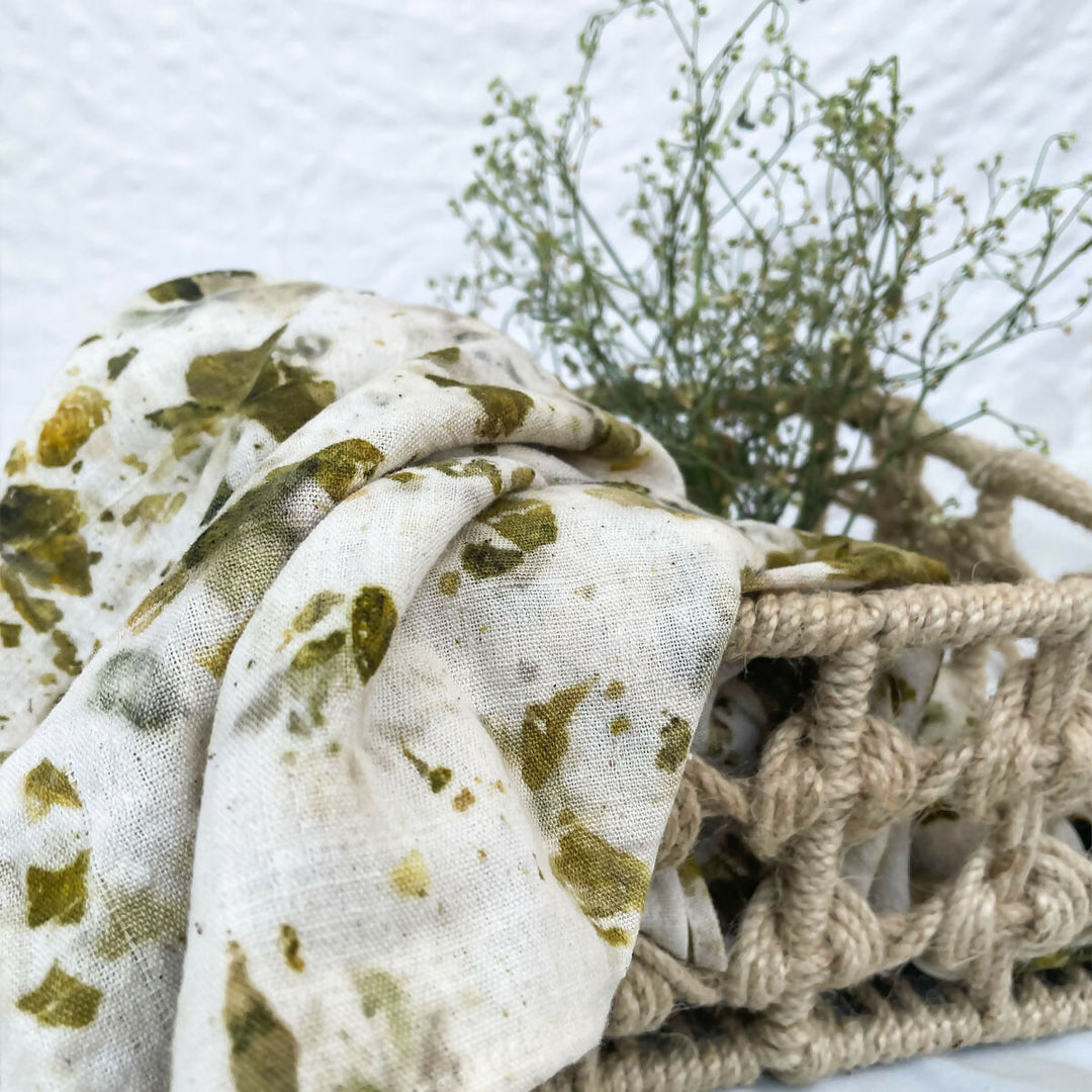 Eco-printed Kala Cotton Stole - Off white with green