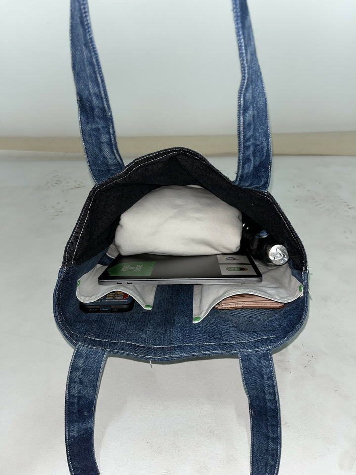 Multi-Pocket Reversible Denim Tote Bag