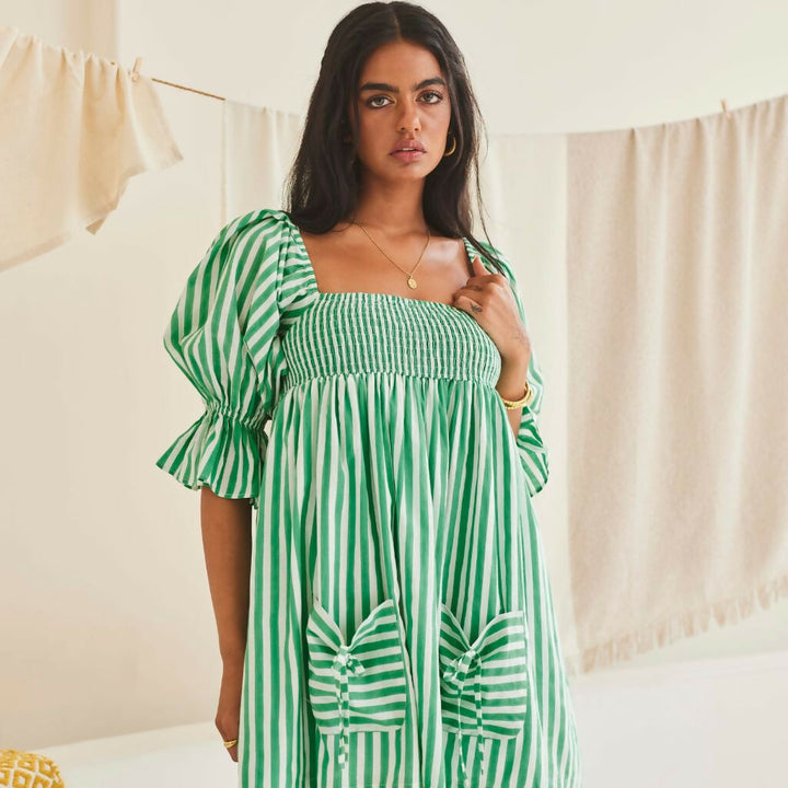 Green Striped A-line Dress