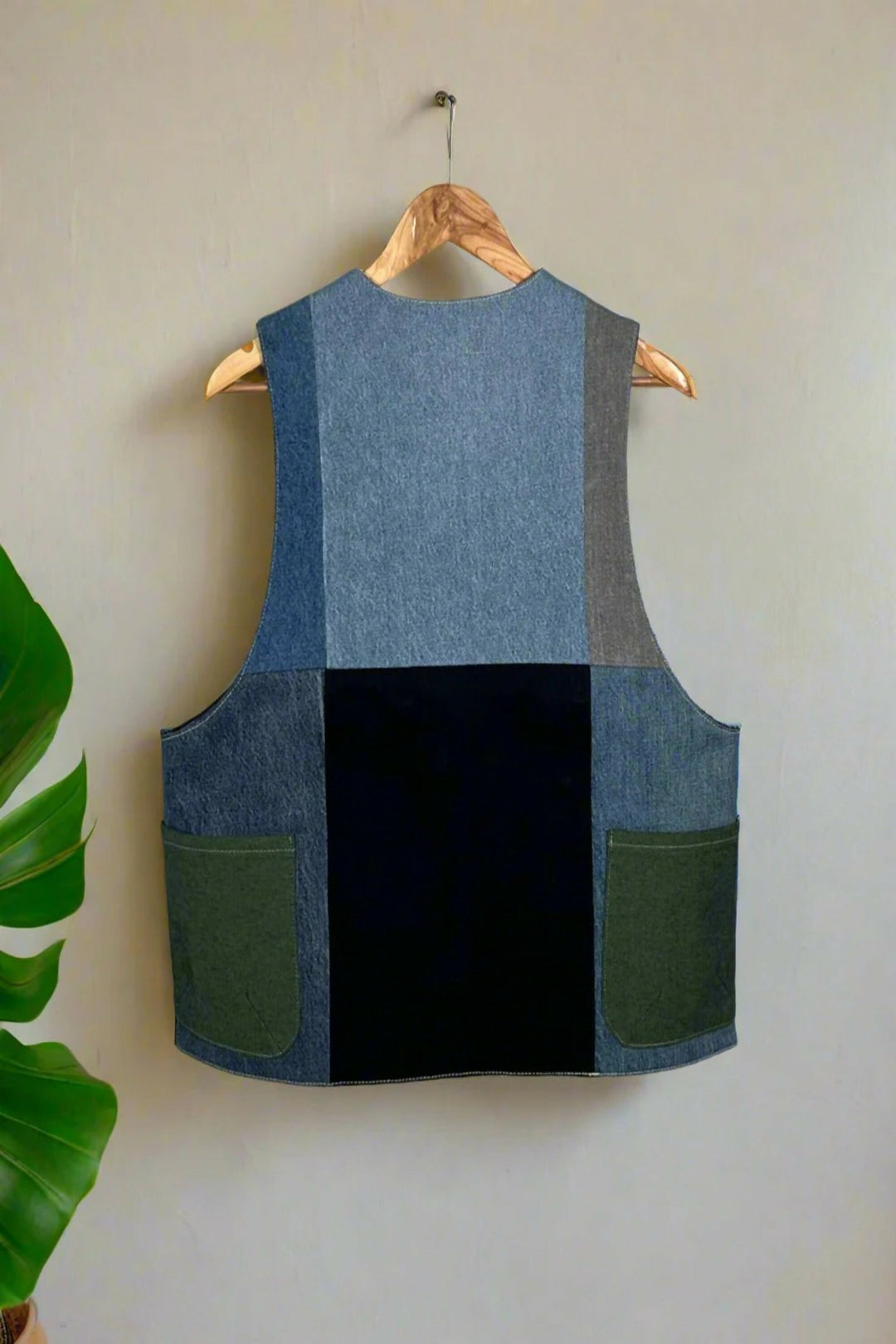 Colour-Block Denim Gilet Jacket