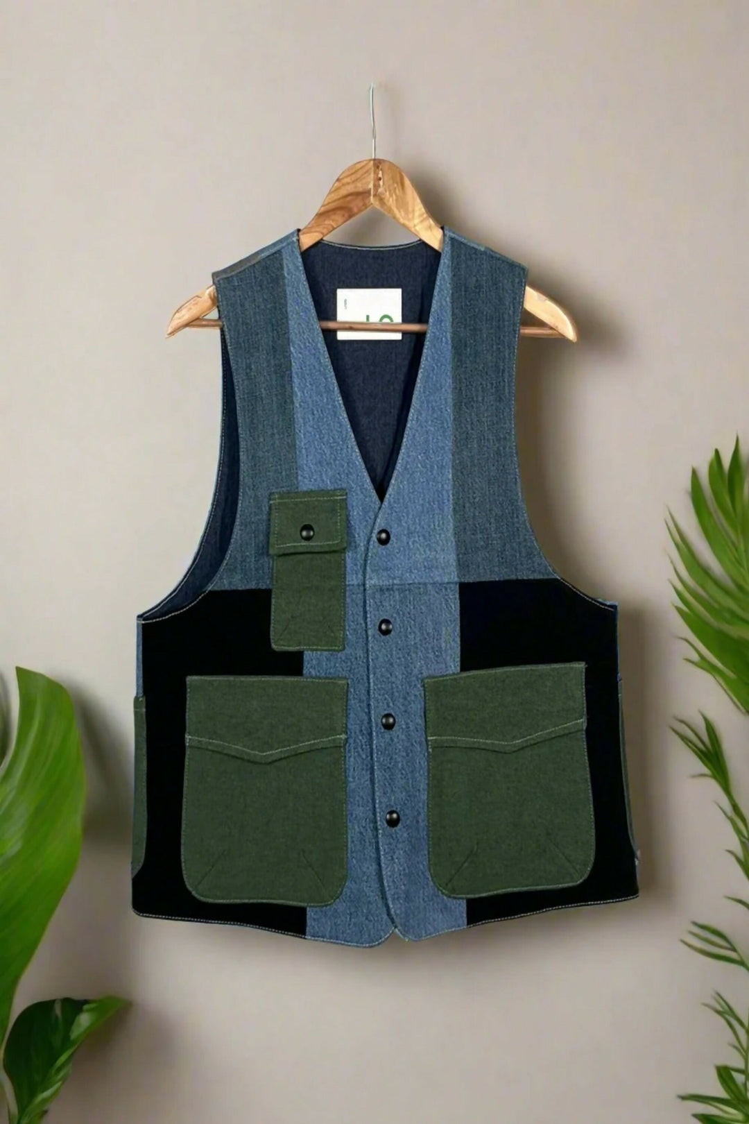 Colour-Block Denim Gilet Jacket