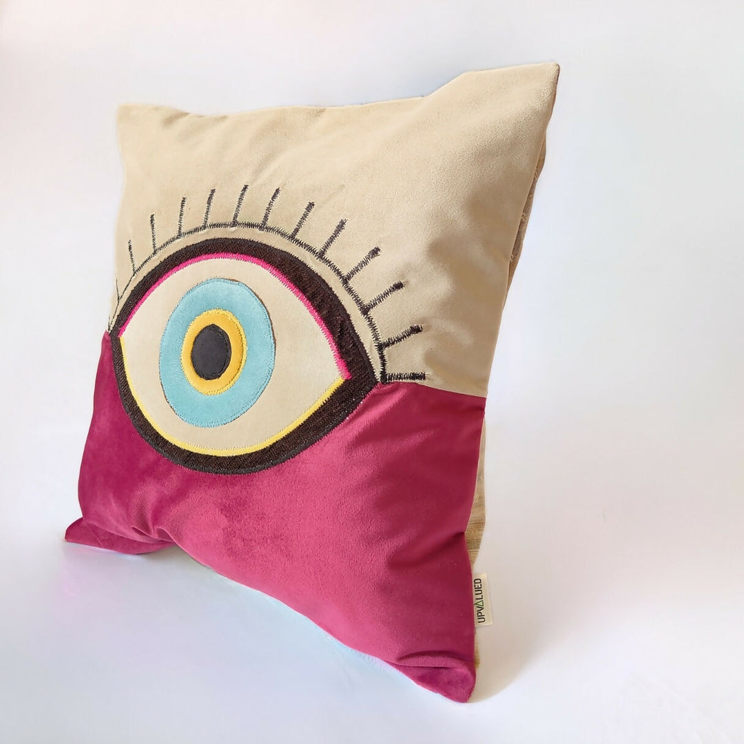 Pink & Beige Evil Eye Cushion Cover