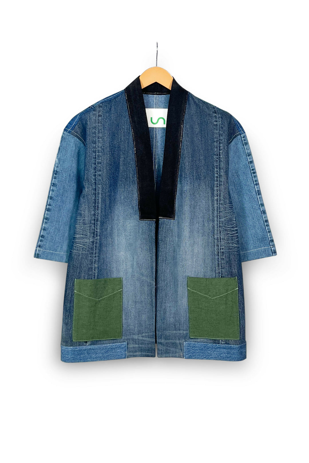 Black Collar Upcycled Denim Kimono Jacket