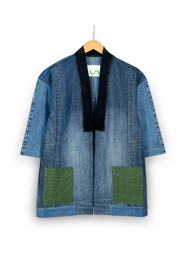 Black Collar Upcycled Denim Kimono Jacket