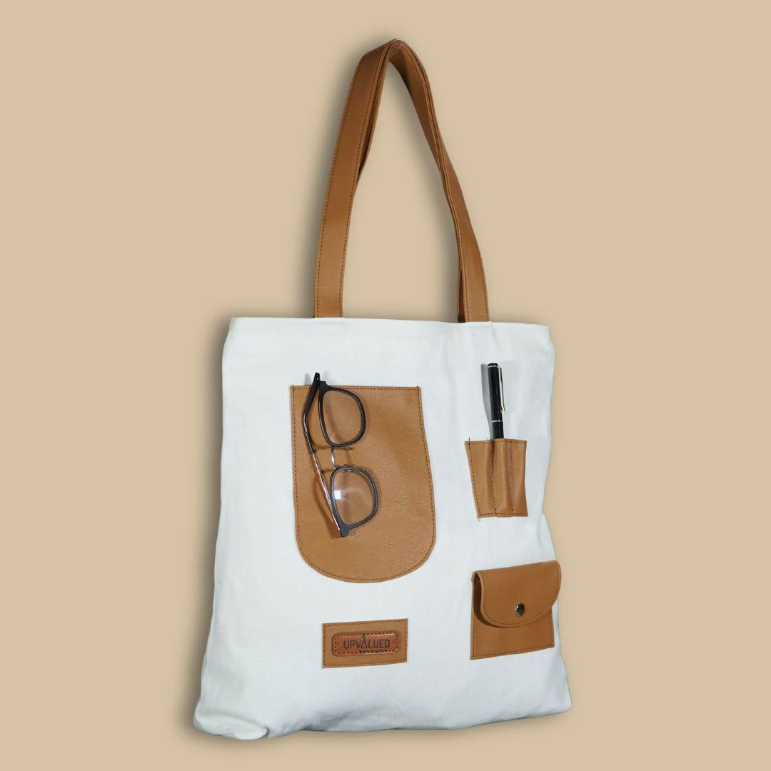Tan Patch Pocket Canvas Tote Bag