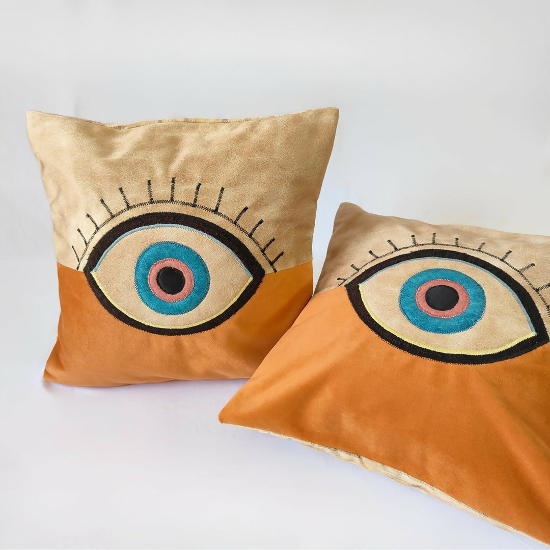 Orange & Beige Evil Eye Cushion Cover