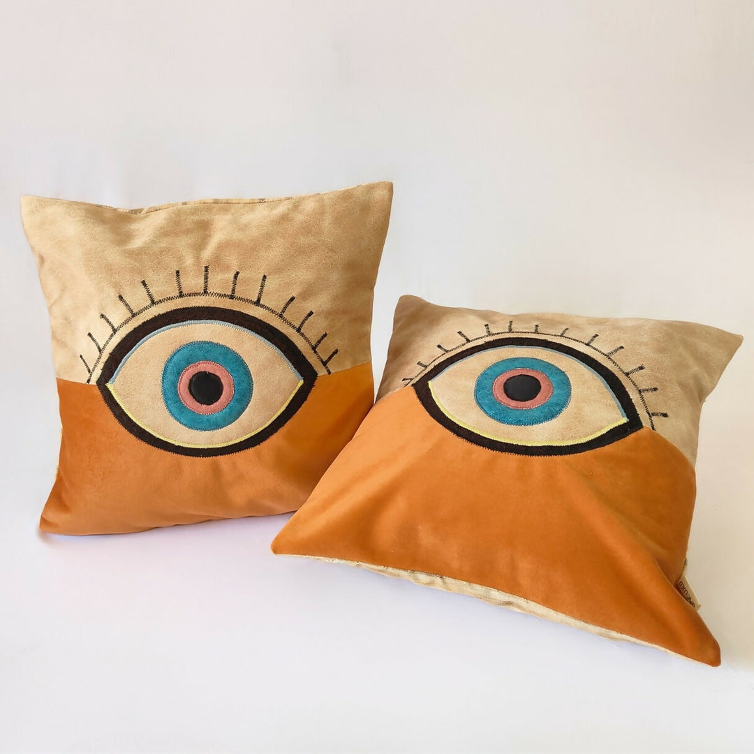 Orange & Beige Evil Eye Cushion Cover