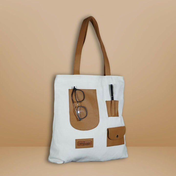 Tan Patch Pocket Canvas Tote Bag