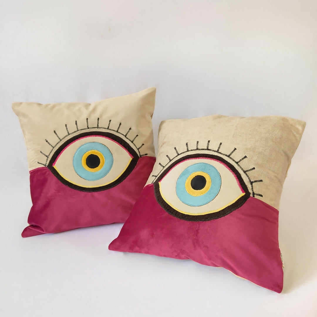 Pink & Beige Evil Eye Cushion Cover