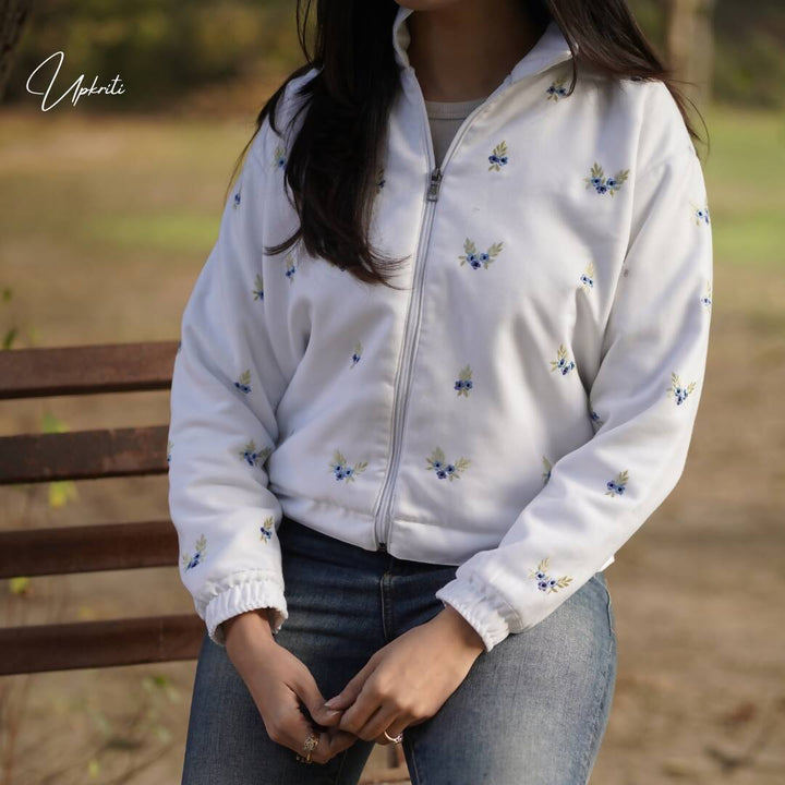 White Floral Embroidered Woolen Jacket