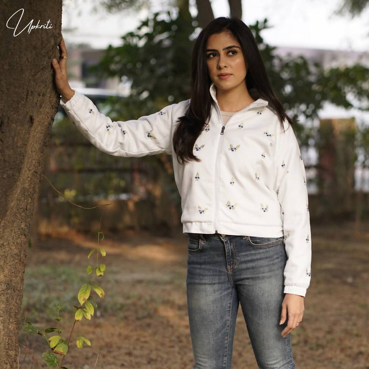 White Floral Embroidered Woolen Jacket