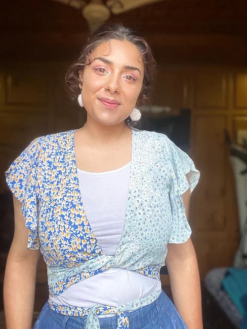 Wrap top is made using export textile scraps. It is made on blue prints