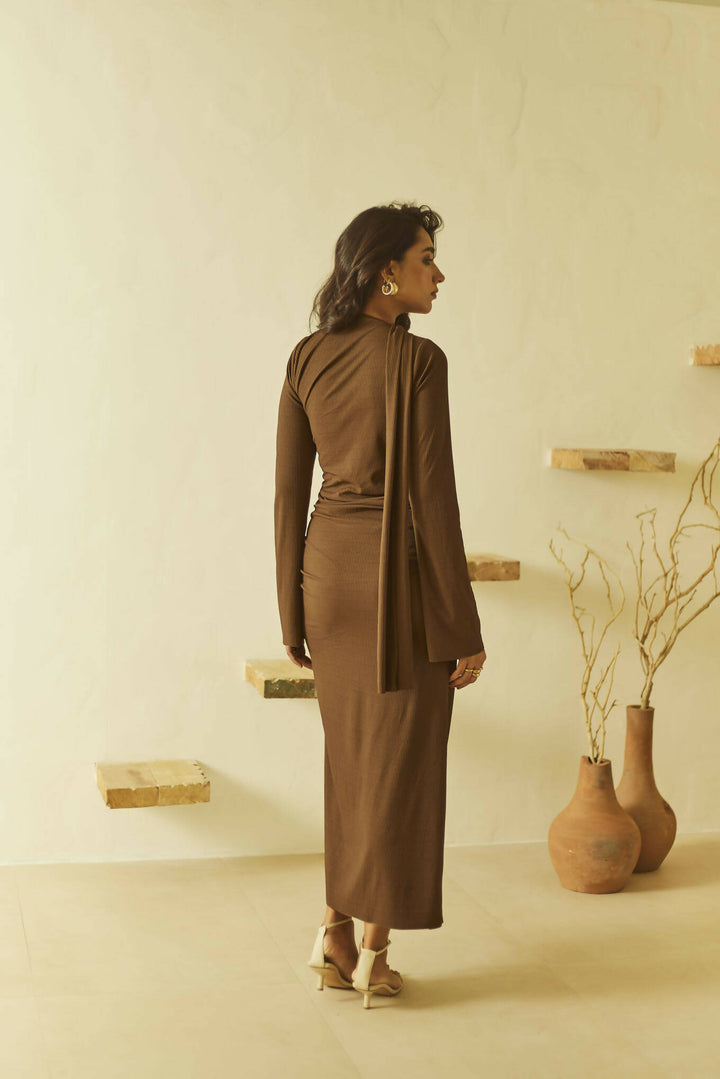 Brown Rib-Knit Midi Dress