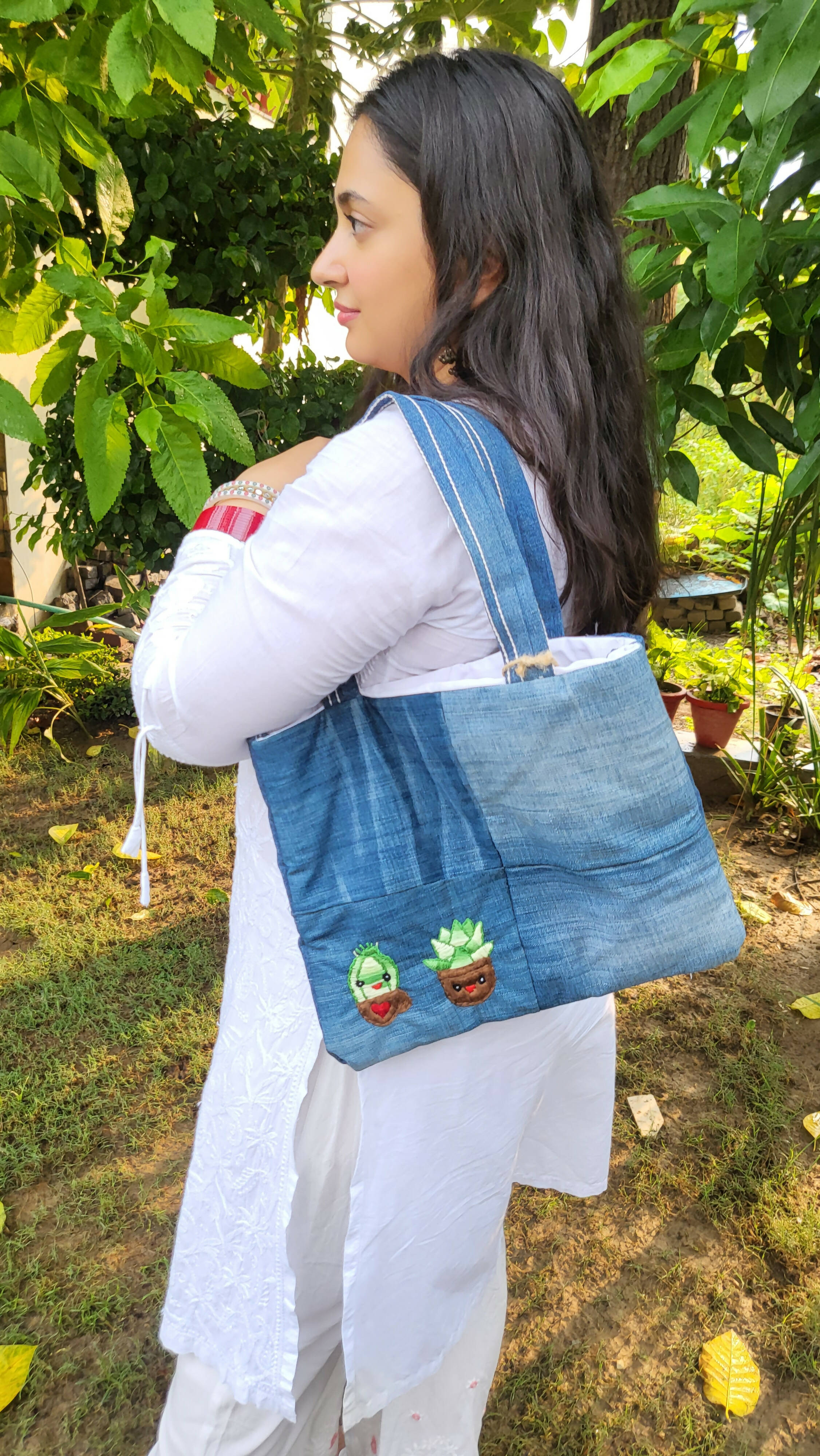 Cactus Denim Tote Bag
