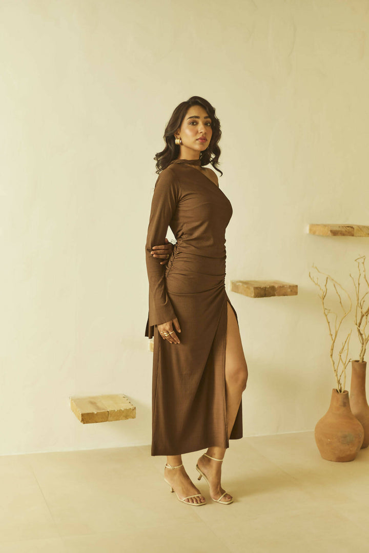Brown Rib-Knit Midi Dress