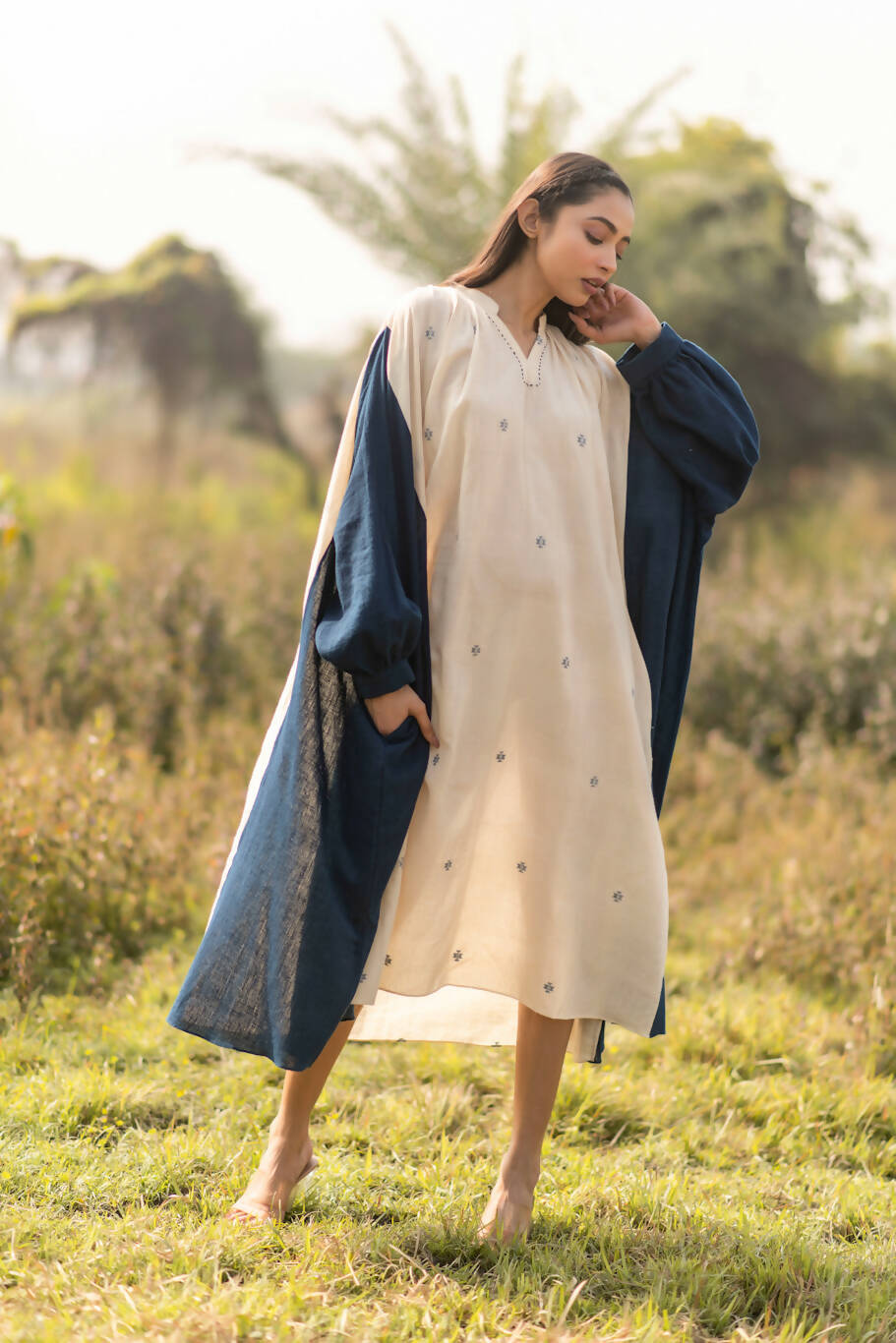 Cream-Indigo Box Dress