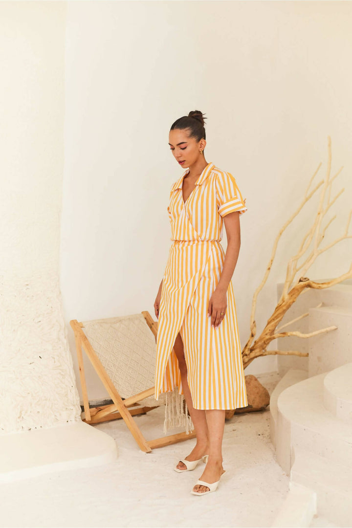 Yellow-White Midi Dress