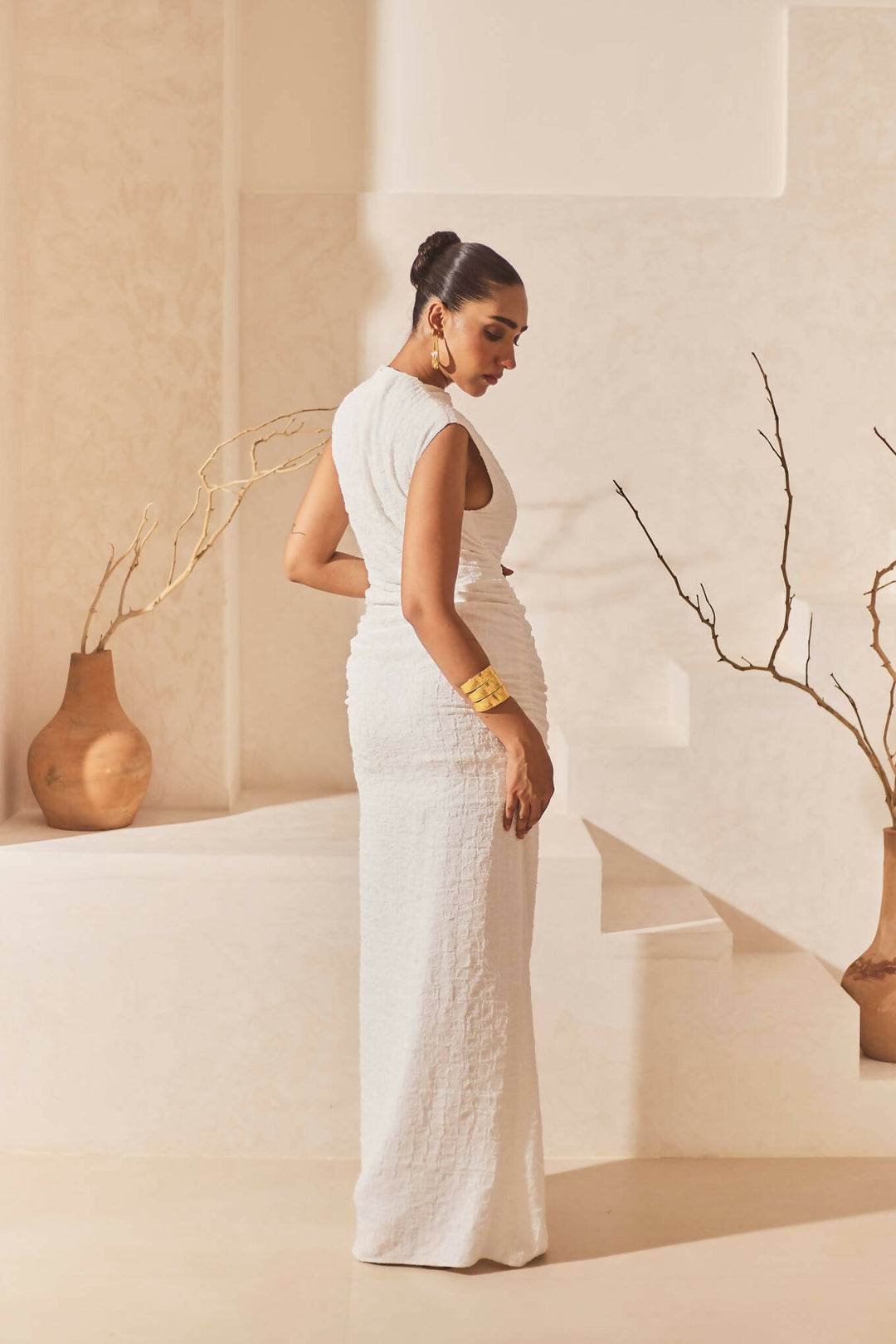 White Textured Maxi Dress with a Slit