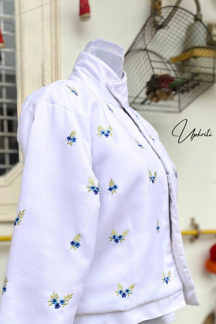 White Floral Embroidered Woolen Jacket