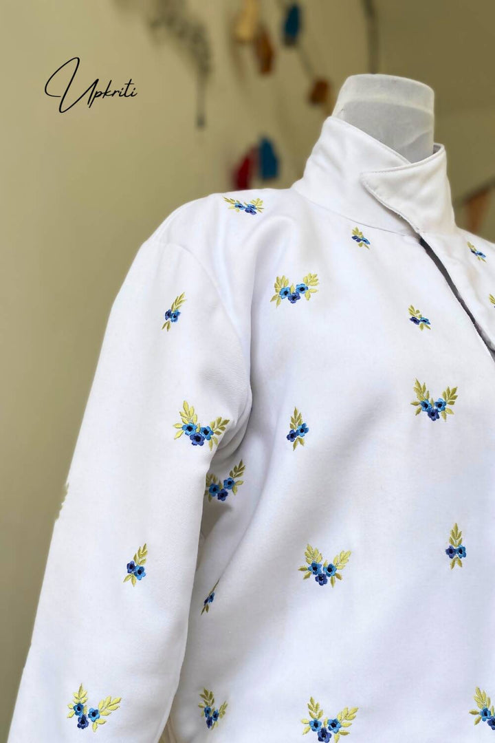 White Floral Embroidered Woolen Jacket