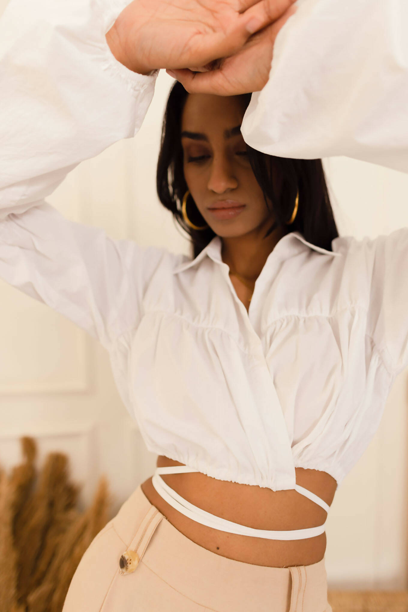 Shop White Full Sleeve Crop Top Sweetheart Gathers