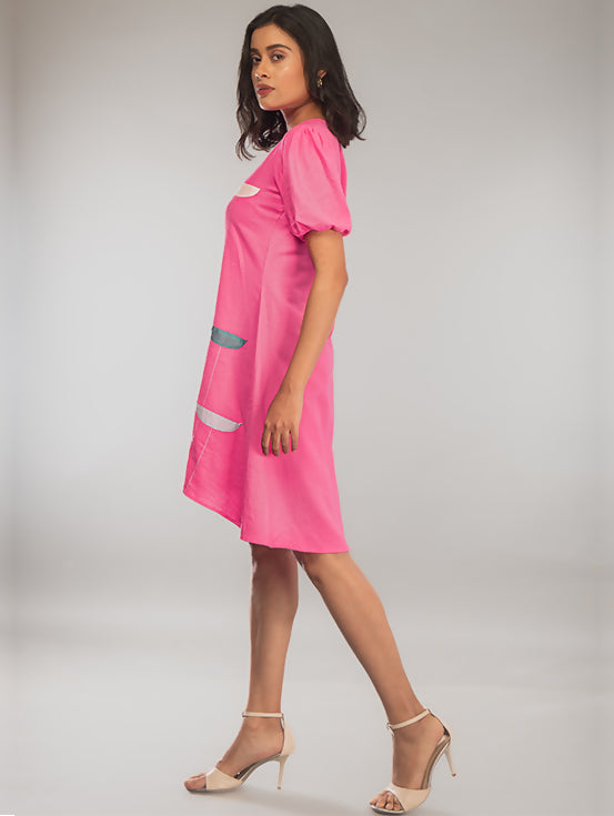 High Low Patchwork Dress - Hot Pink