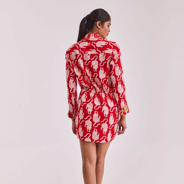 Red Tiger Print Dress with Embroidery
