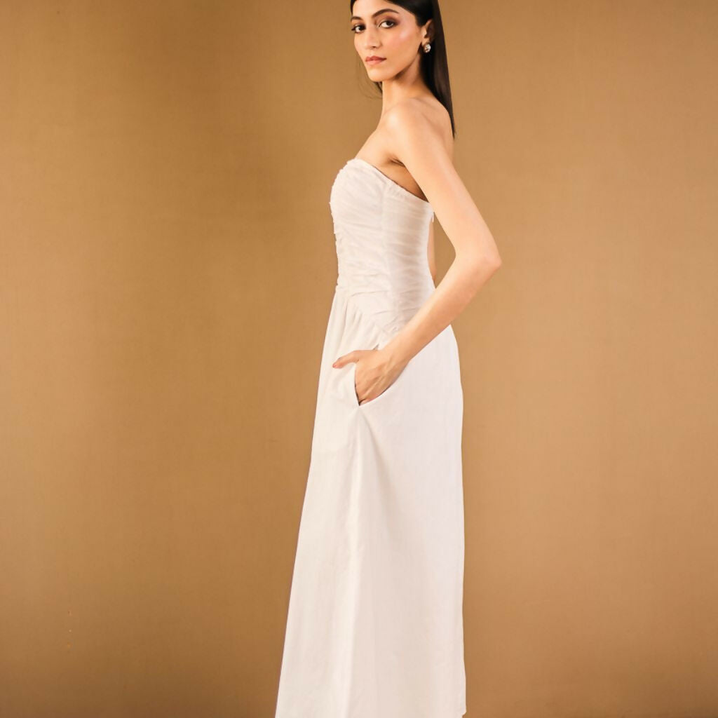 White Strapless Midi Dress