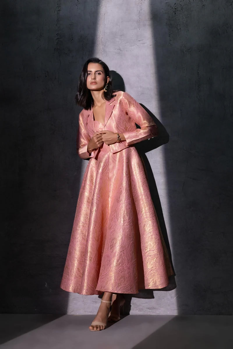 Pink Brocade Flared Dress with Jacket