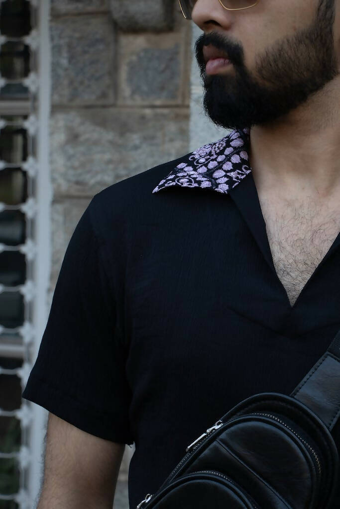 Black V Neck Shirt With Printed collar