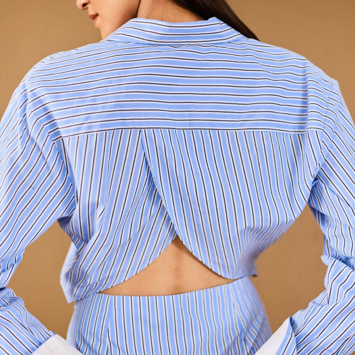 Blue Striped Overlap Shirt Dress