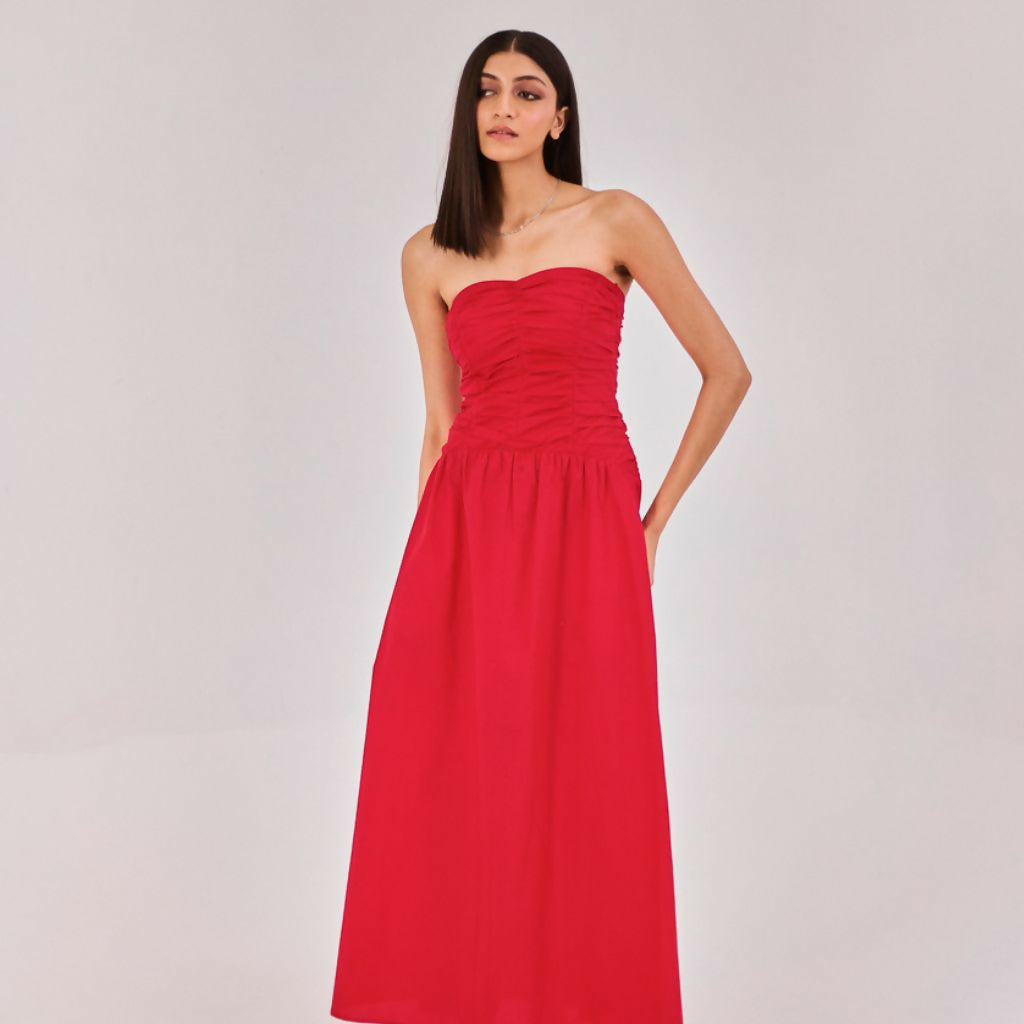 Red Strapless Midi Dress