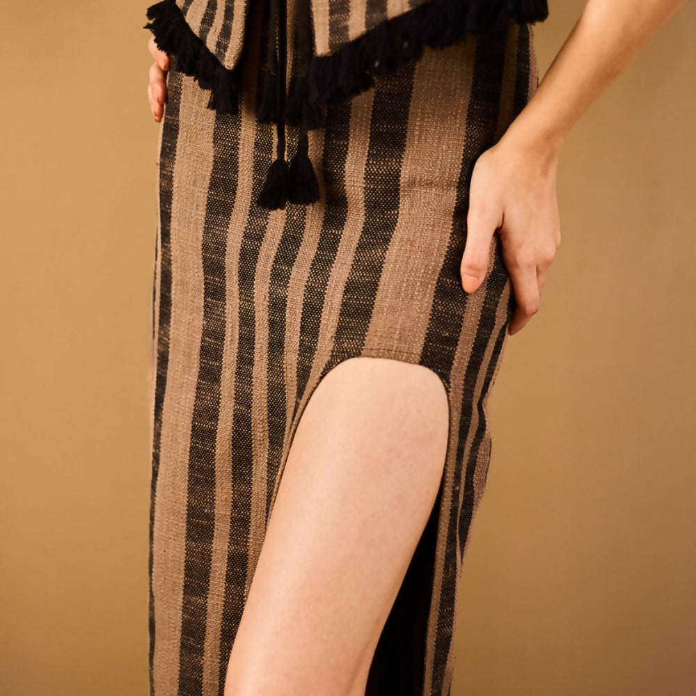 Brown Striped Maxi Skirt with Slit Detail