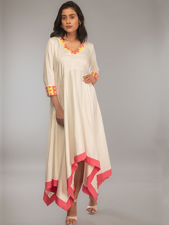 Asymmetric Dress with Handwork - White