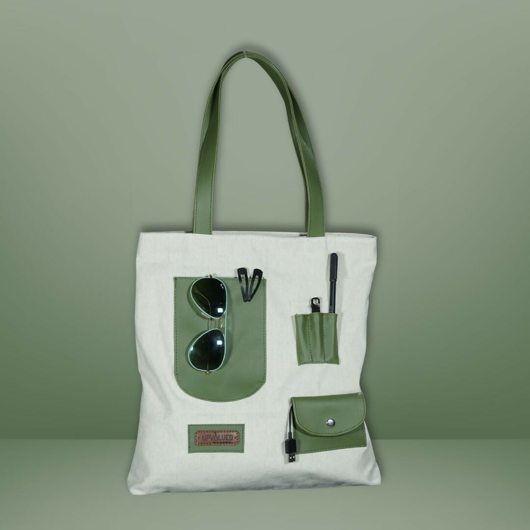 Olive Green Patch Pocket Canvas Tote