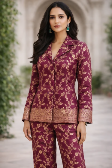 Wine Brocade Coord set