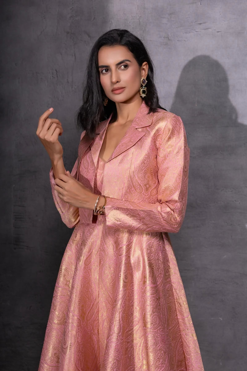Pink Brocade Flared Dress with Jacket