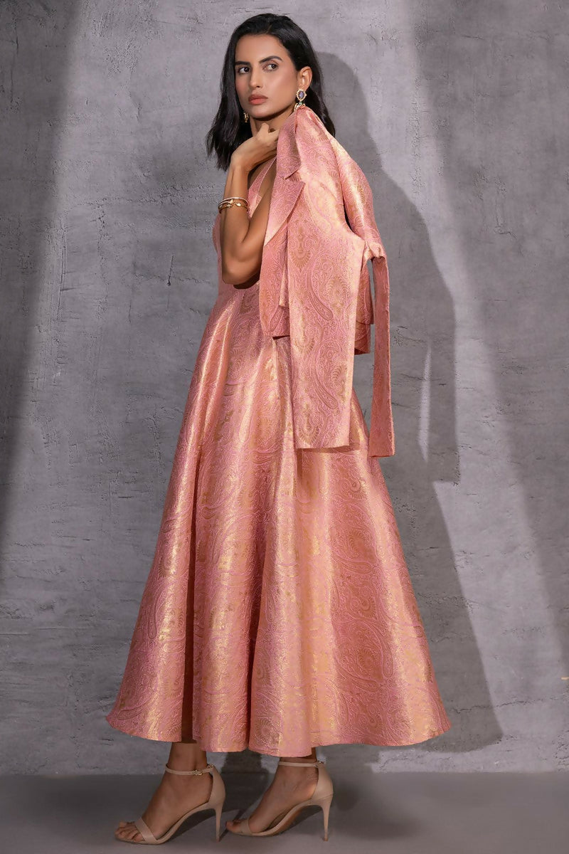 Pink Brocade Flared Dress with Jacket