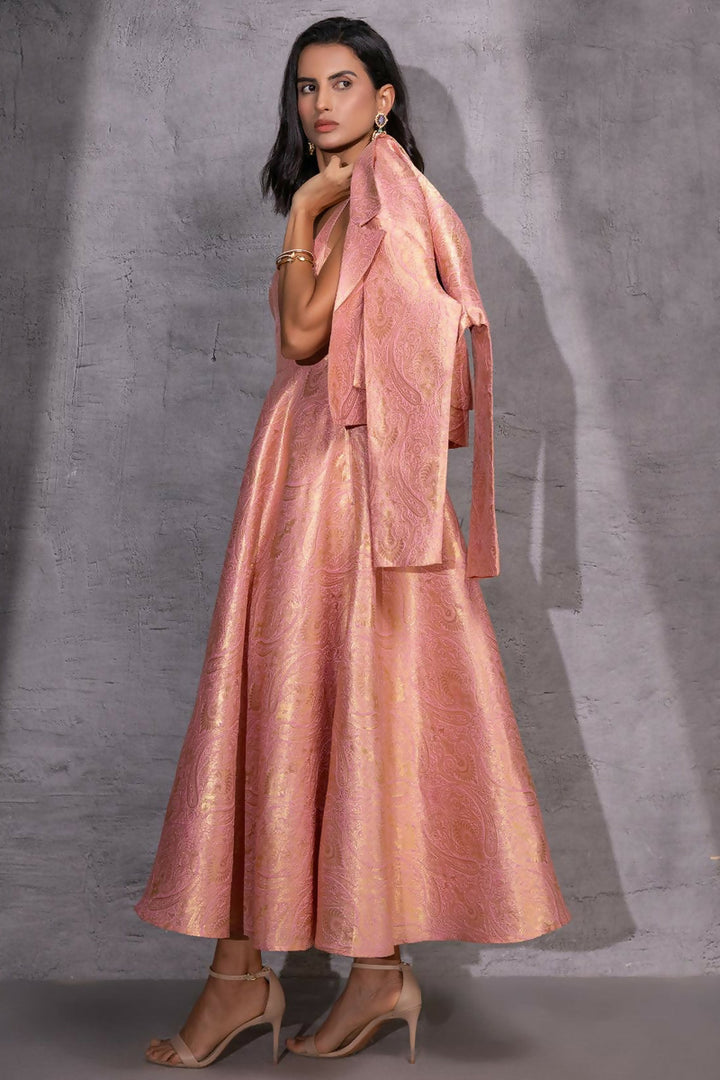 Pink Brocade Flared Dress with Jacket