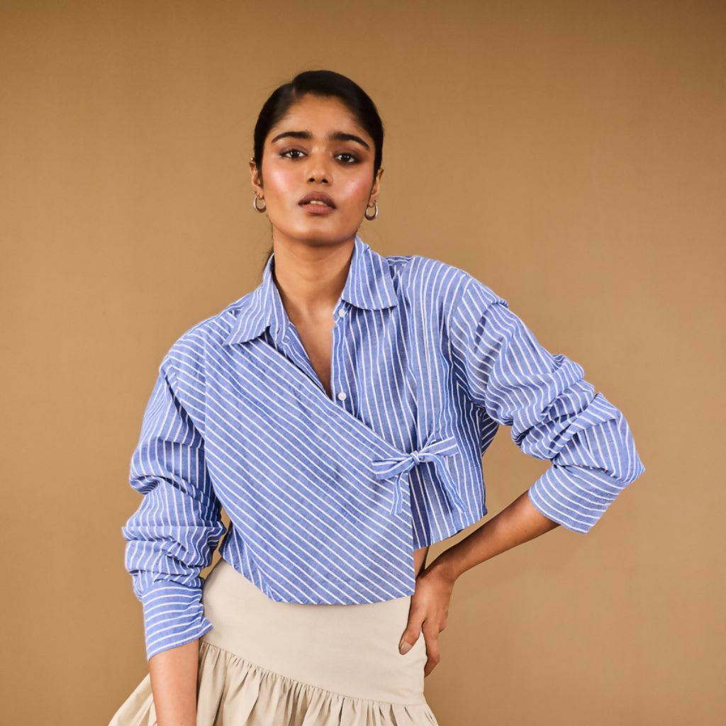 Blue Cropped Shirt with Tie up